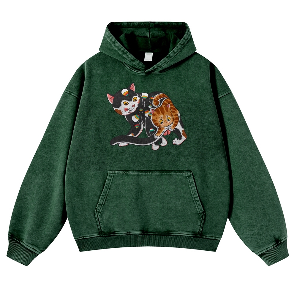 Curious Cat Pattern Printed Vintage Washed Hoodie-moweekender