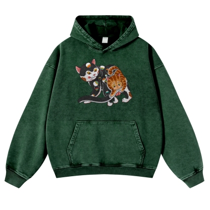 Curious Cat Pattern Printed Vintage Washed Hoodie-moweekender