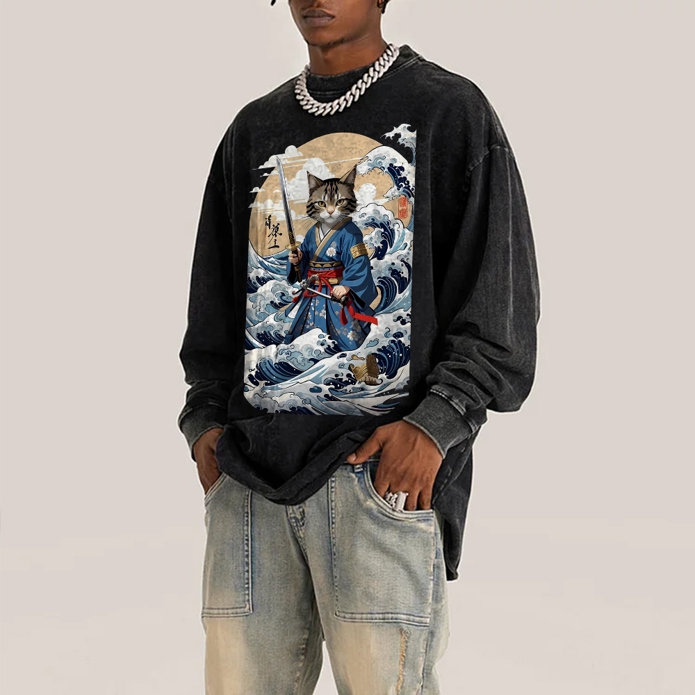 Wave Cat Ukiyoe Deep Washed Vintage Long Sleeves T-Shirt-moweekender
