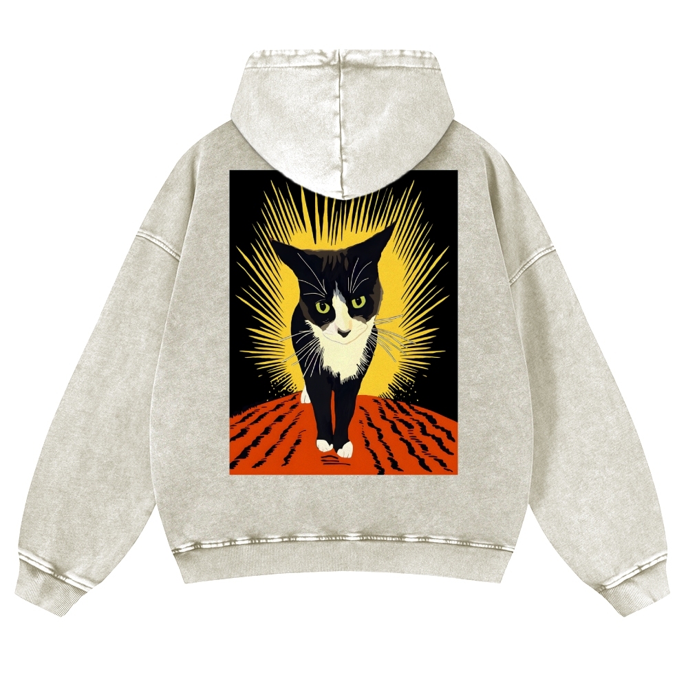 Rebel Cat Casual Vintage Washed Hoodie-moweekender