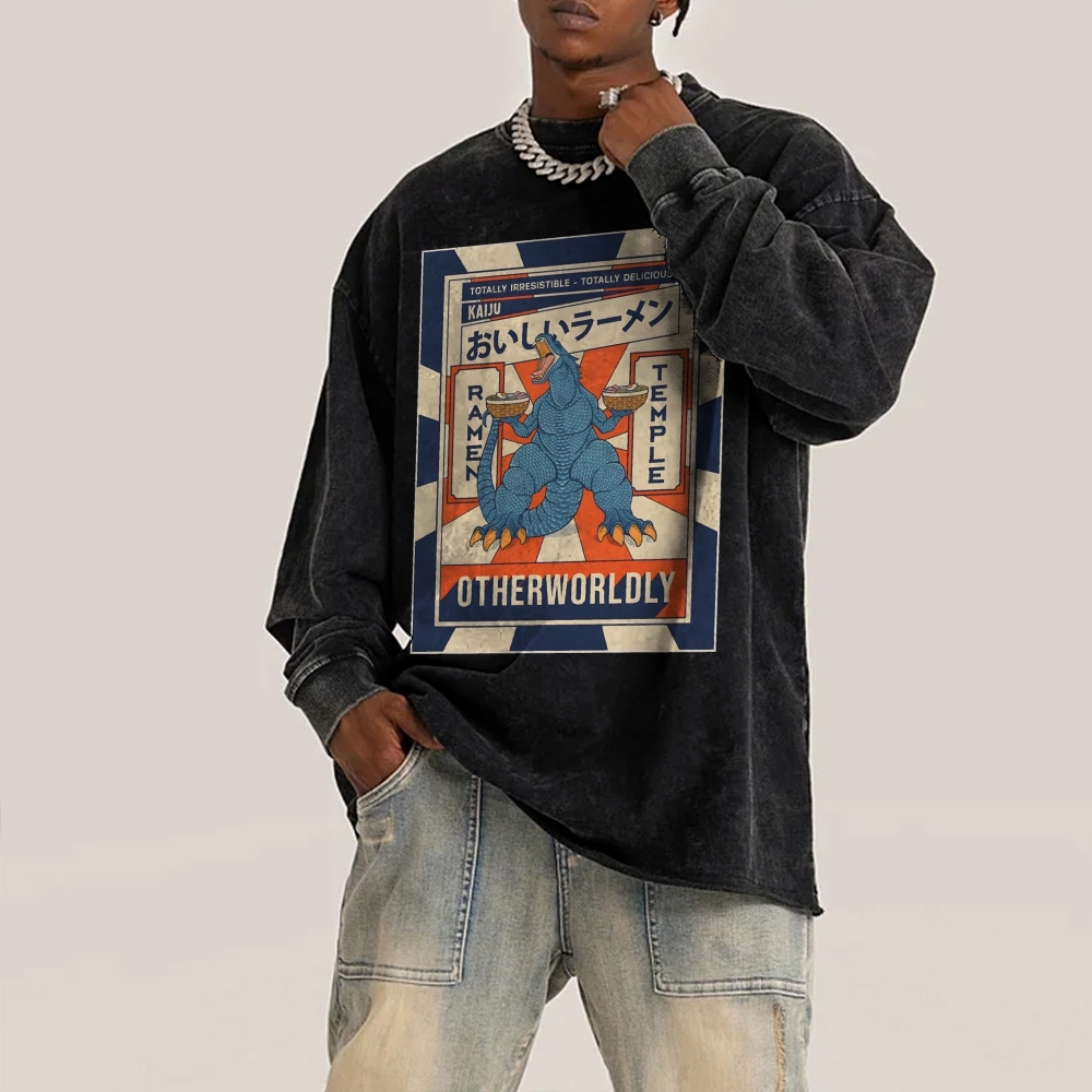 Ramen Godzilla Deep Washed Vintage Long Sleeves T-Shirt-moweekender