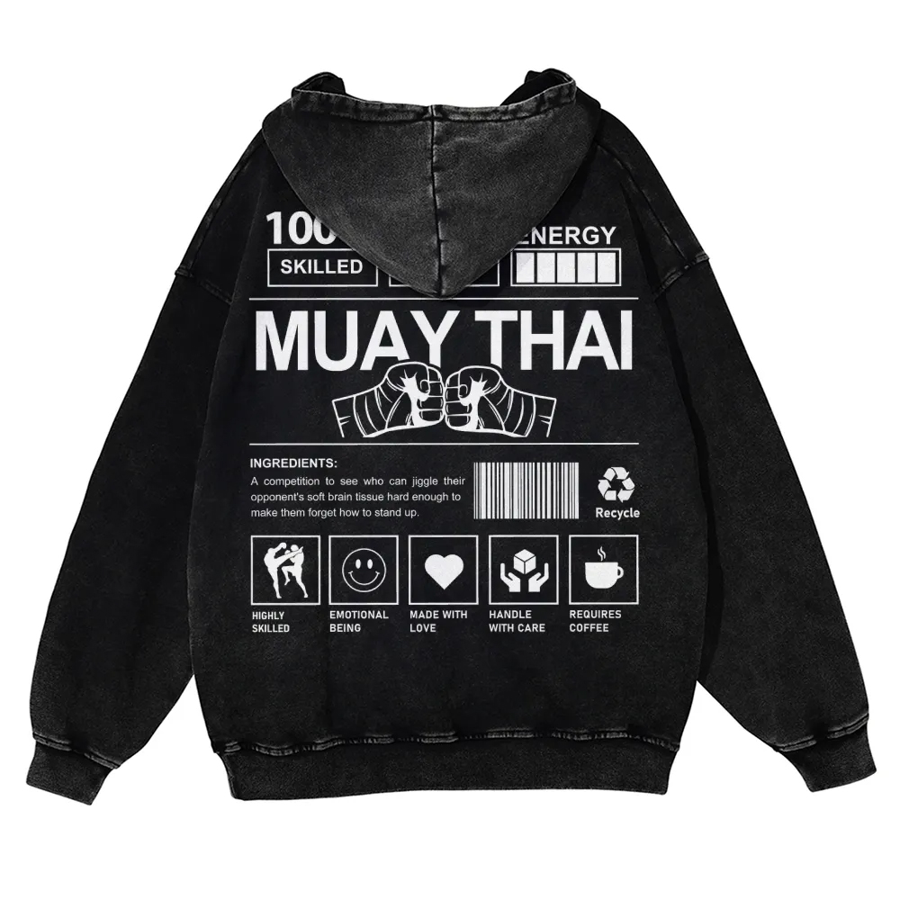 Muay Thai Printed Vintage Washed Hoodie-moweekender