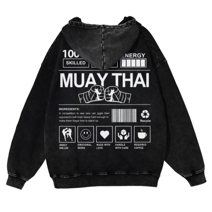 Muay Thai Printed Vintage Washed Hoodie-moweekender
