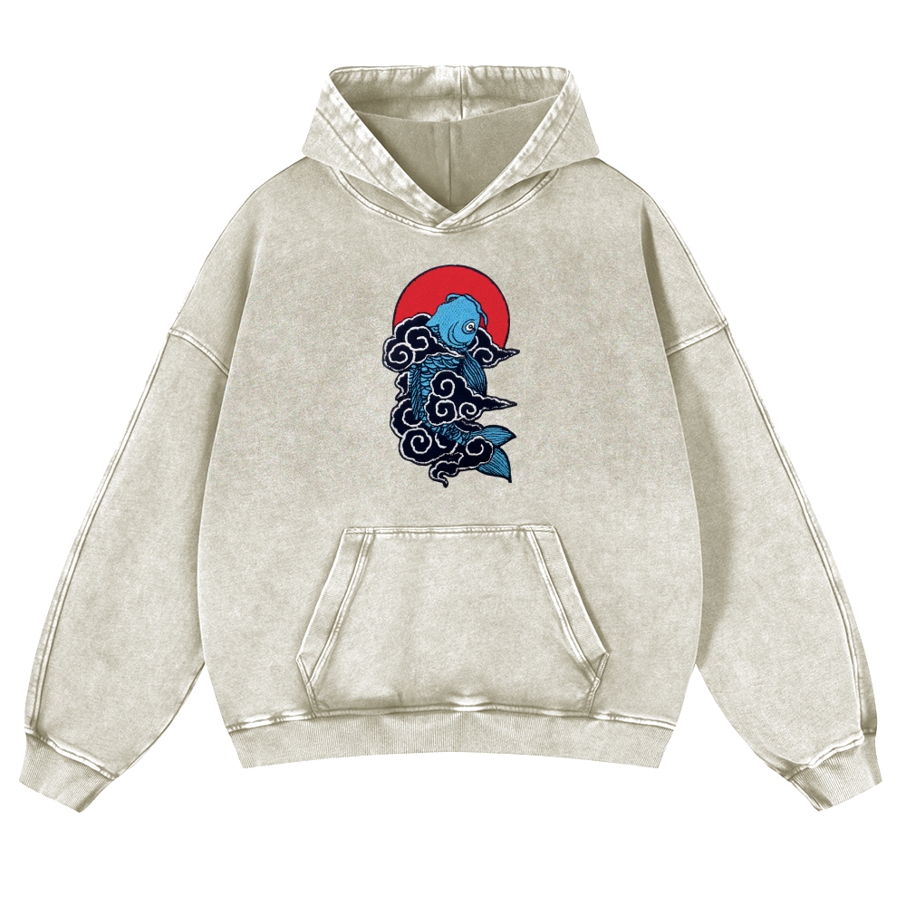 Cloud Carp Ukiyoe Pattern Vintage Washed Hoodie-moweekender
