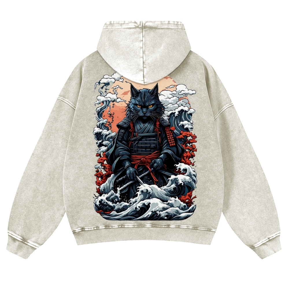 Cat Warrior Wave Ukiyoe Vintage Washed Hoodie-moweekender