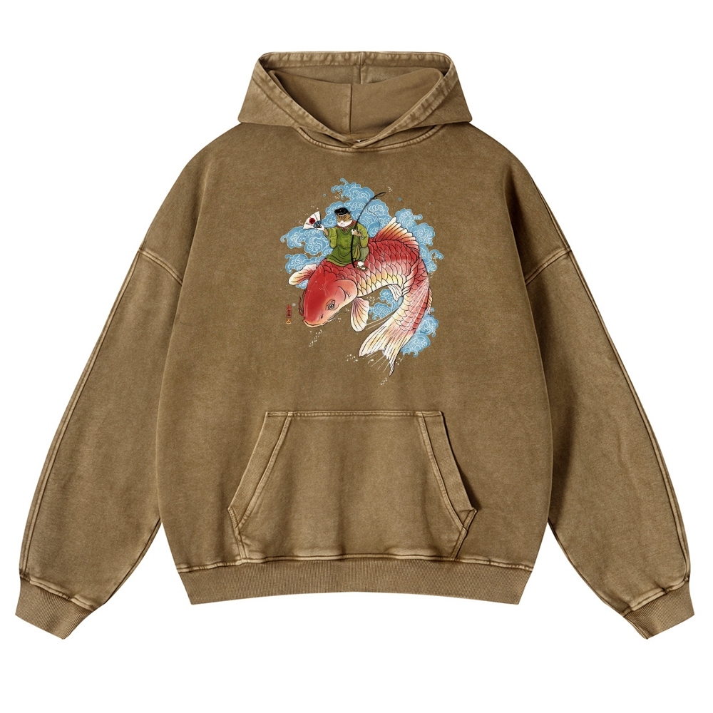 Carp Cat Ukiyoe Pattern Vintage Washed Hoodie-moweekender