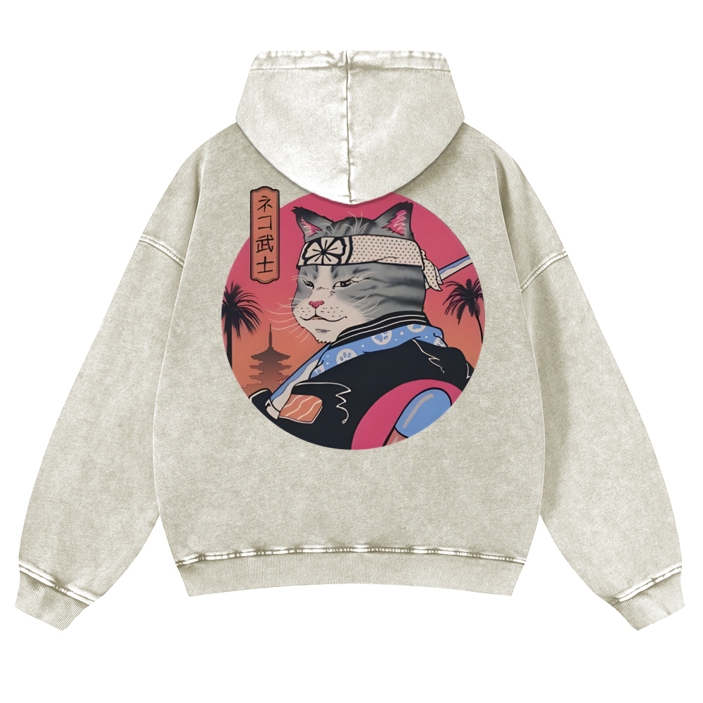 Japanese Cat Warrior Casual Vintage Washed Hoodie-moweekender