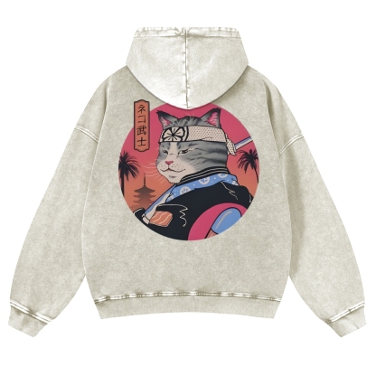 Japanese Cat Warrior Casual Vintage Washed Hoodie-moweekender