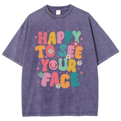 Happy To See You Face Unisex Fit Washed T-Shirt-moweekender