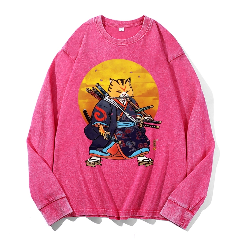 Japanese Warrior Cat Pattern Deep Washed Vintage Long Sleeves T-Shirt-moweekender
