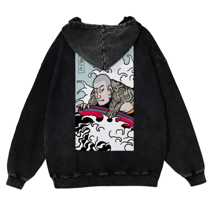 Japanese Surfing Ukiyoe Vintage Washed Hoodie-moweekender