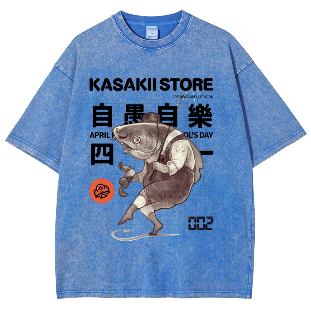 Fishing Shark Man Washed Vintage Short Sleeves T-Shirt-moweekender
