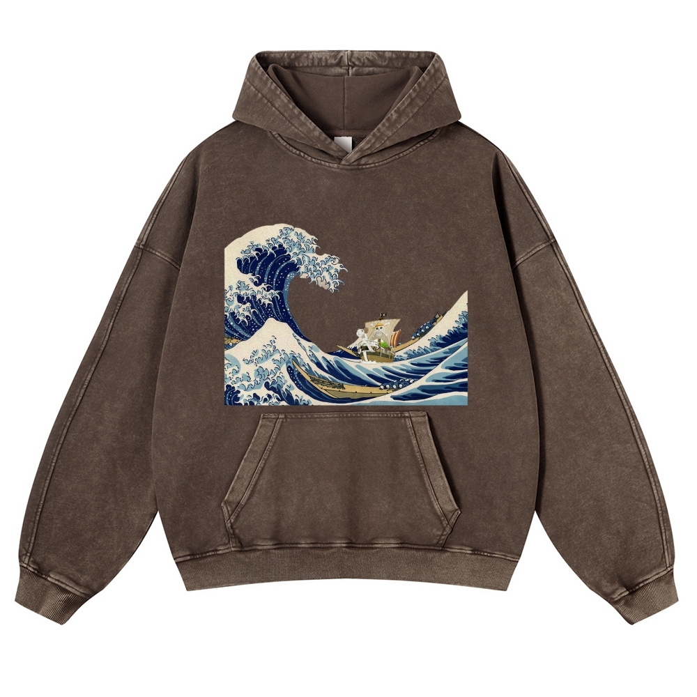 Wave Ukiyoe Pattern Vintage Washed Hoodie-moweekender