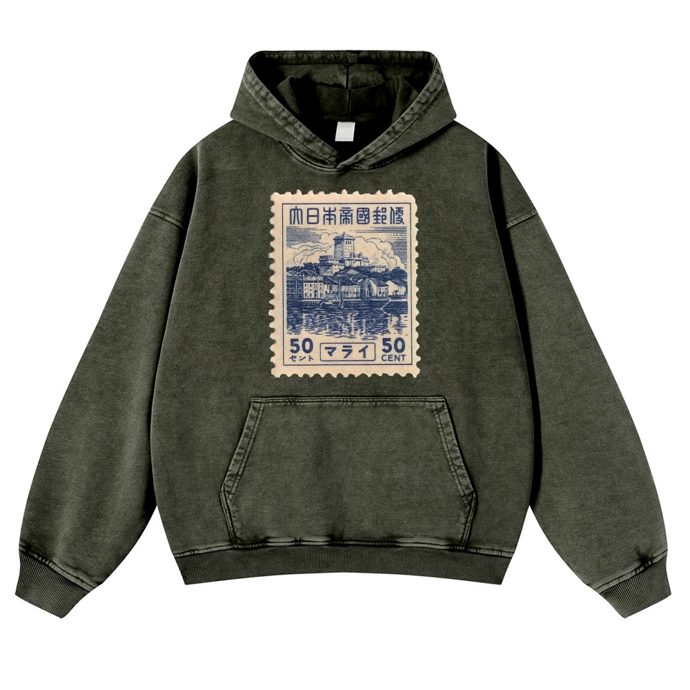 Japan Old Stamp Pattern Vintage Washed Hoodie-moweekender