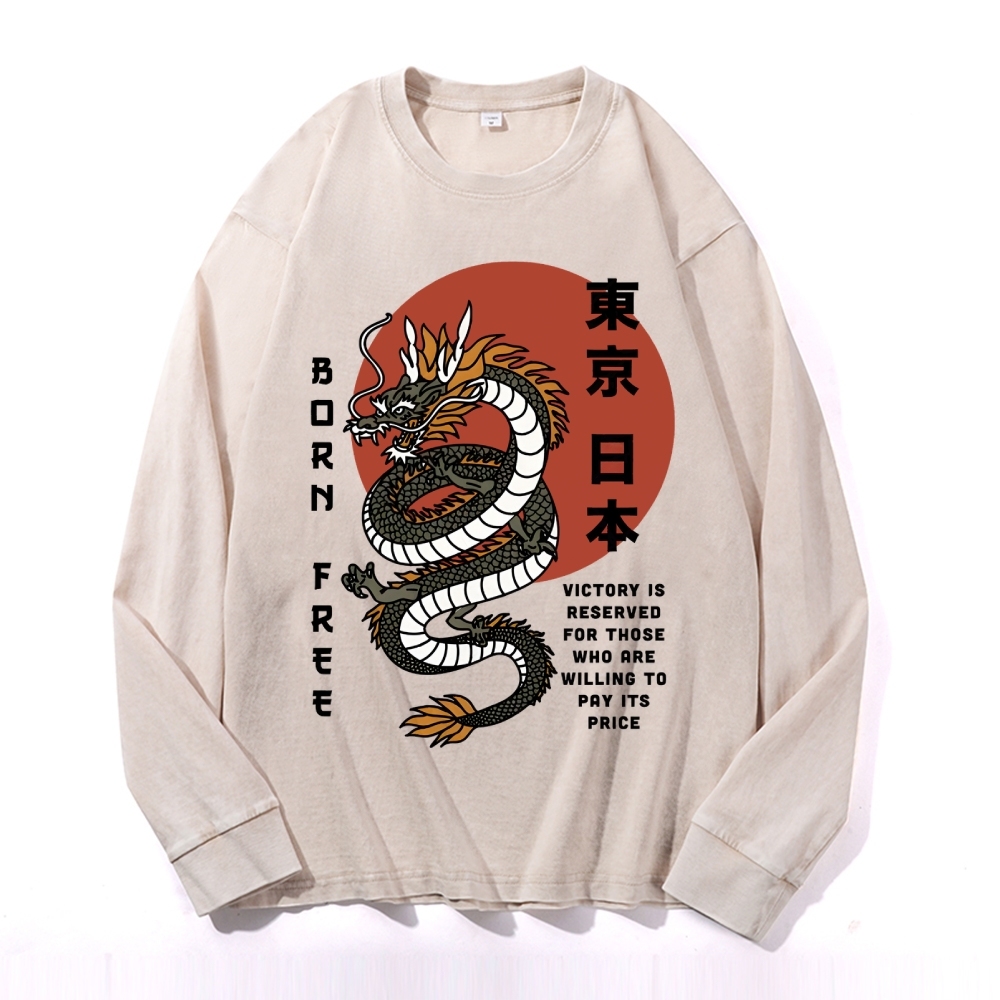 Tokyo Dragon Pattern Deep Washed Vintage Long Sleeves T-Shirt-moweekender