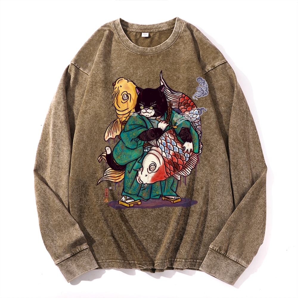 Big Fish Cat Deep Washed Vintage Long Sleeves T-Shirt-moweekender