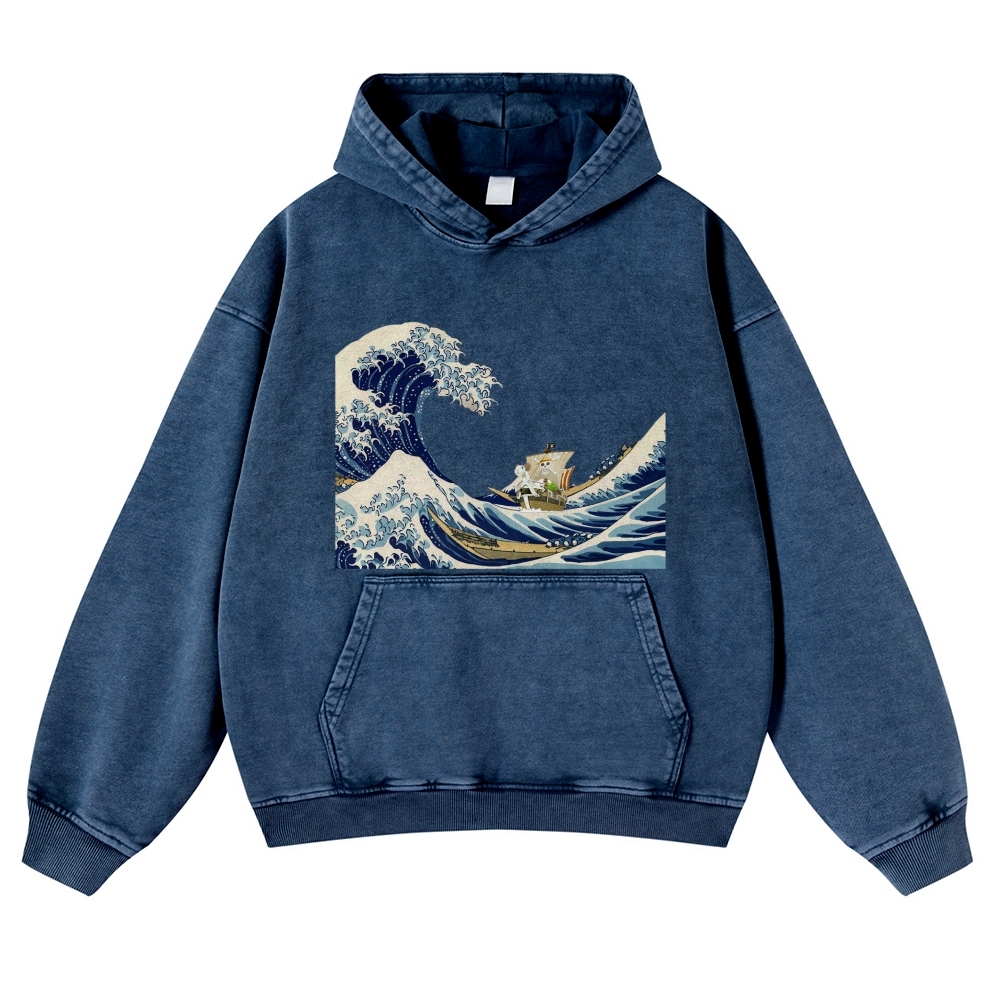 Wave Ukiyoe Pattern Vintage Washed Hoodie-moweekender