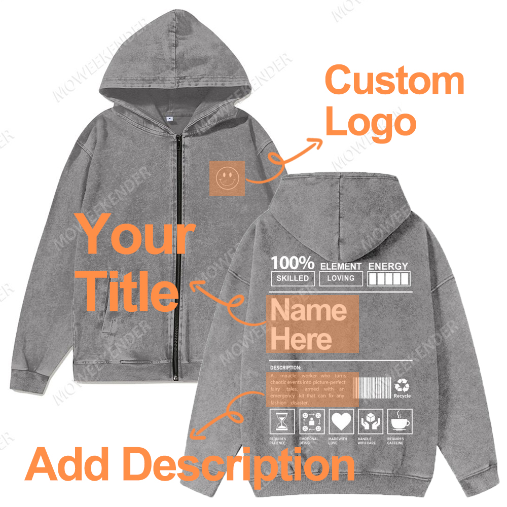 Personalized Customization Unisex Washed Cotton Zipper Hooded Sweatshirt