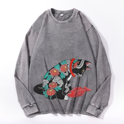 Flower Tattoo Cat Deep Washed Vintage Long Sleeves T-Shirt-moweekender