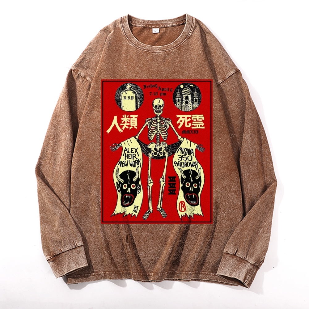 Human Skeleton Deep Washed Vintage Long Sleeves T-Shirt-moweekender