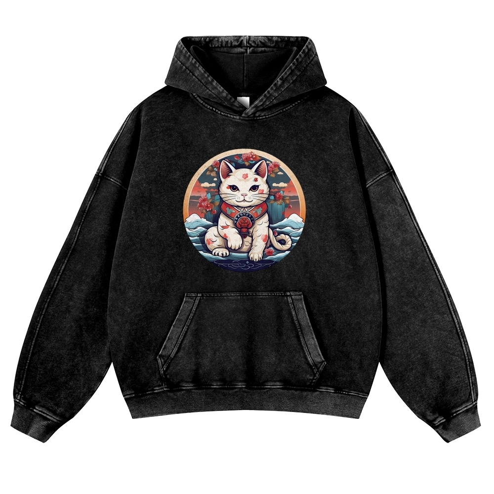 Japanese Cat Painting Printed Vintage Washed Hoodie-moweekender