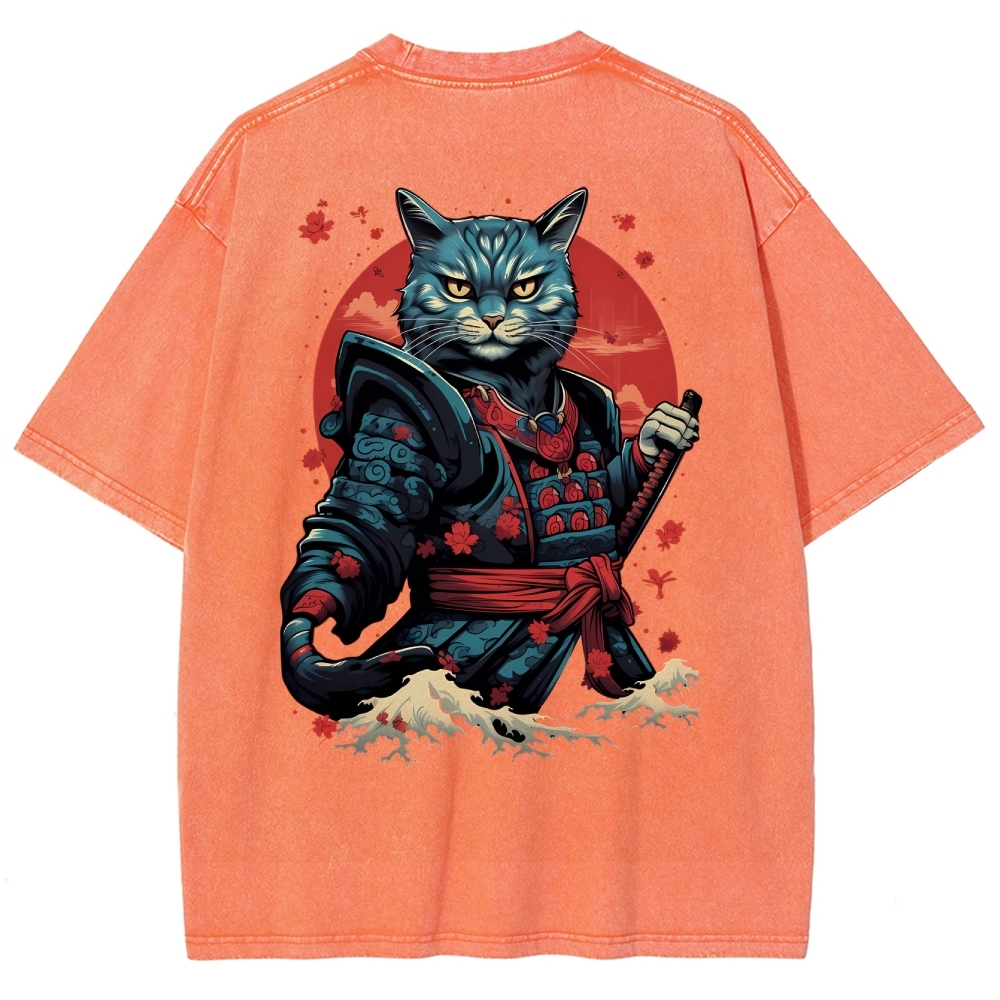 Japan Cat Warrior Washed Vintage Short Sleeves T-Shirt-moweekender