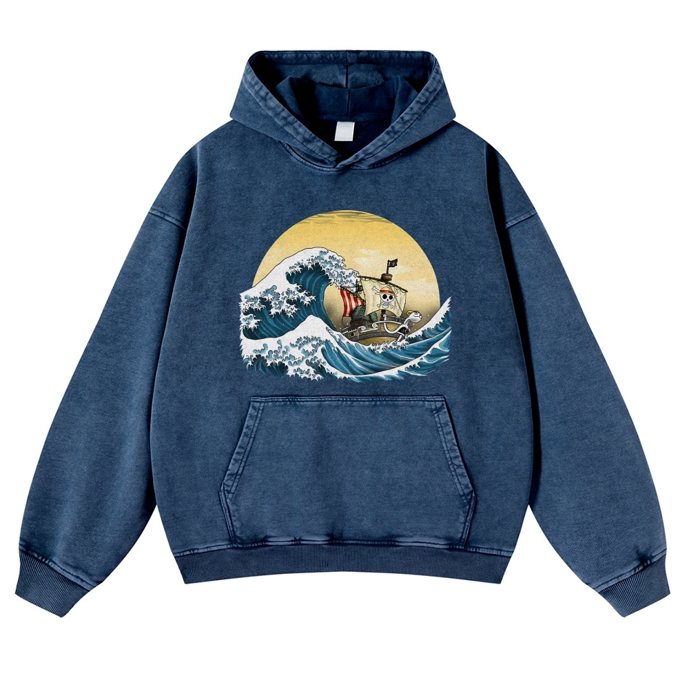Straw Hat Pirate Ship Ukiyoe Vintage Washed Hoodie-moweekender