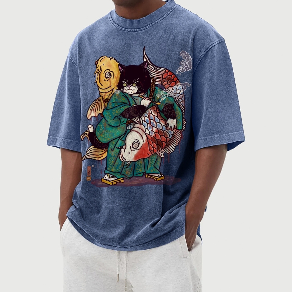 Big Fish Cat Ukiyoe Washed Vintage Short Sleeves T-Shirt-moweekender