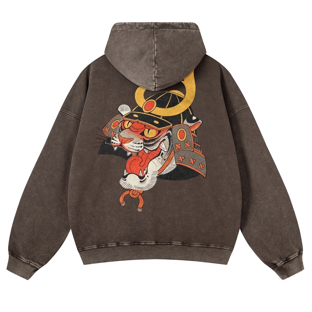 Tiger Warrior Pattern Printed Vintage Washed Hoodie-moweekender