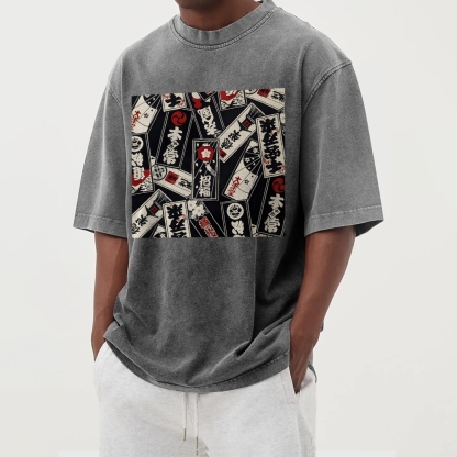 Japan Card Pattern Washed Vintage Short Sleeves T-Shirt-moweekender