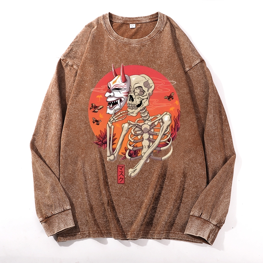 Japanese Skeleton Mask Deep Washed Vintage Long Sleeves T-Shirt-moweekender