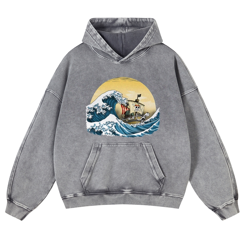 Straw Hat Pirate Ship Ukiyoe Vintage Washed Hoodie-moweekender