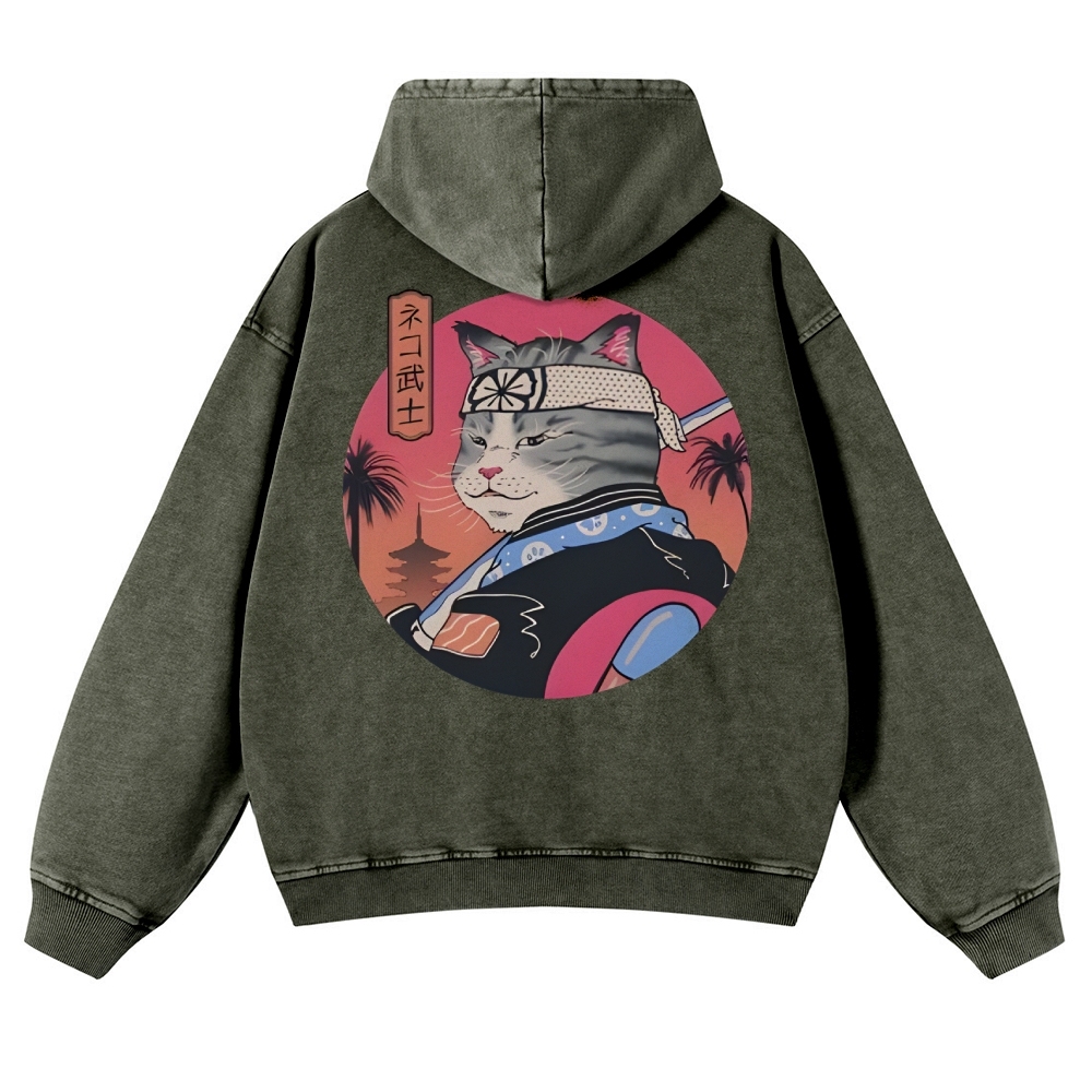Japanese Cat Warrior Casual Vintage Washed Hoodie-moweekender