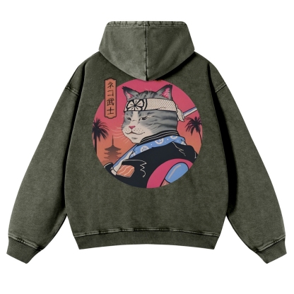 Japanese Cat Warrior Casual Vintage Washed Hoodie-moweekender