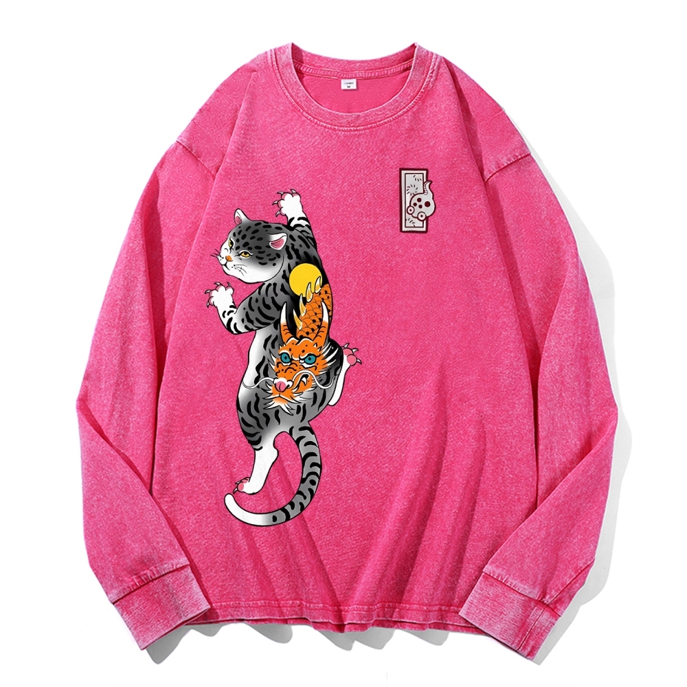 Loong Leopard Cat Pattern Deep Washed Vintage Long Sleeves T-Shirt-moweekender