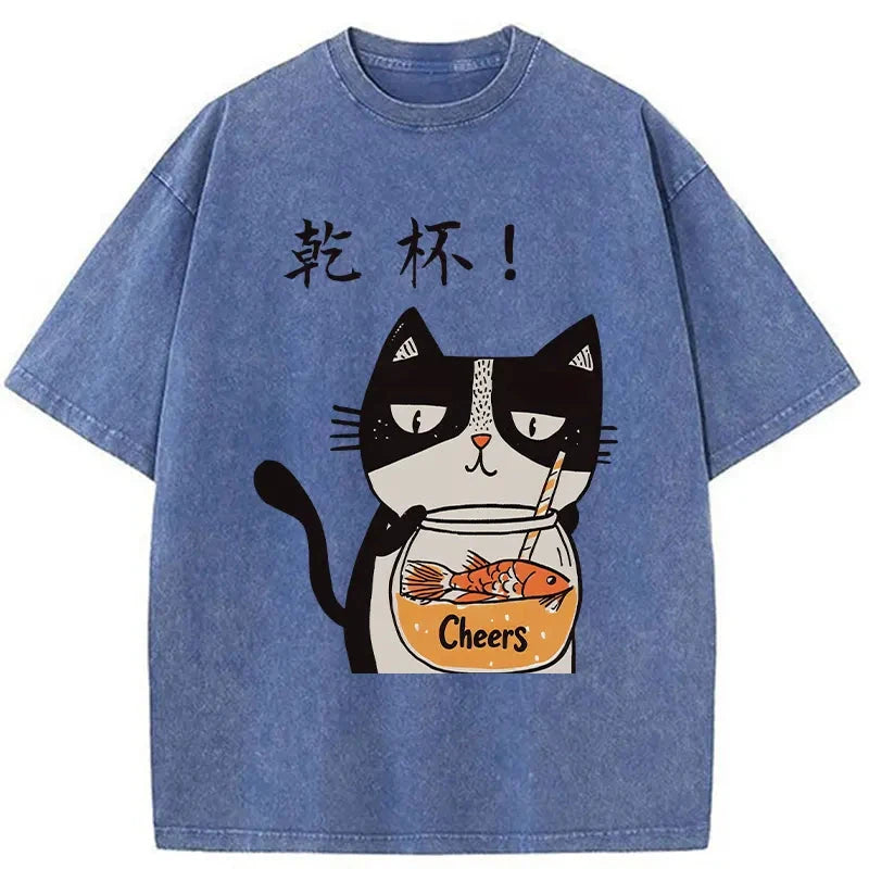 Cat Cheers Washed Vintage T-Shirt-moweekender