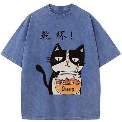 Cat Cheers Washed Vintage T-Shirt-moweekender