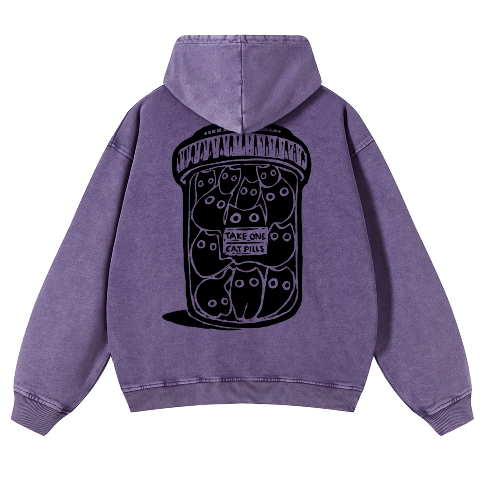 Black Cat Pills Pattern Vintage Washed Hoodie-moweekender