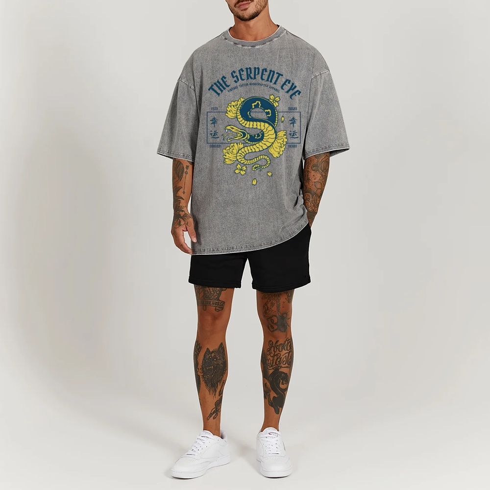 Japan Lucky Snake Sign Washed Vintage Short Sleeves T-Shirt-moweekender