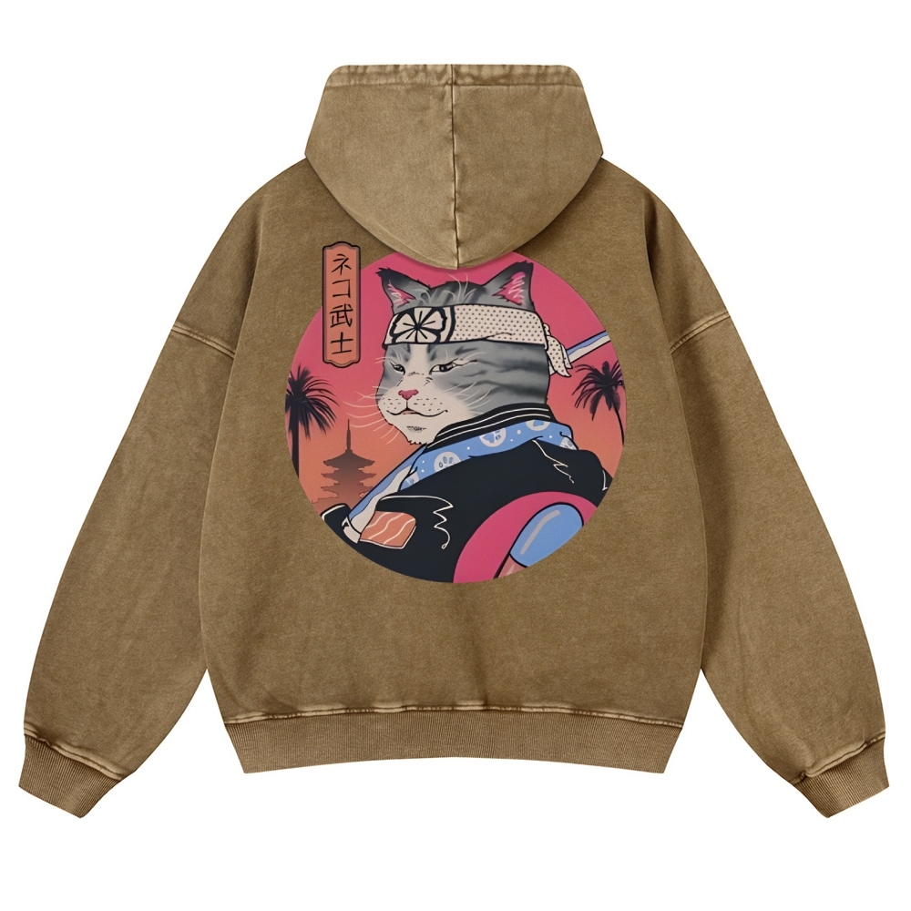 Japanese Cat Warrior Casual Vintage Washed Hoodie-moweekender