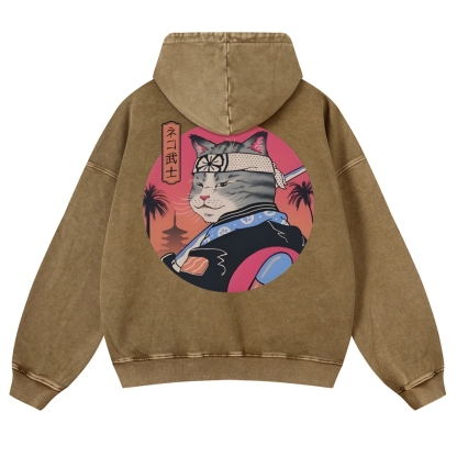 Japanese Cat Warrior Casual Vintage Washed Hoodie-moweekender
