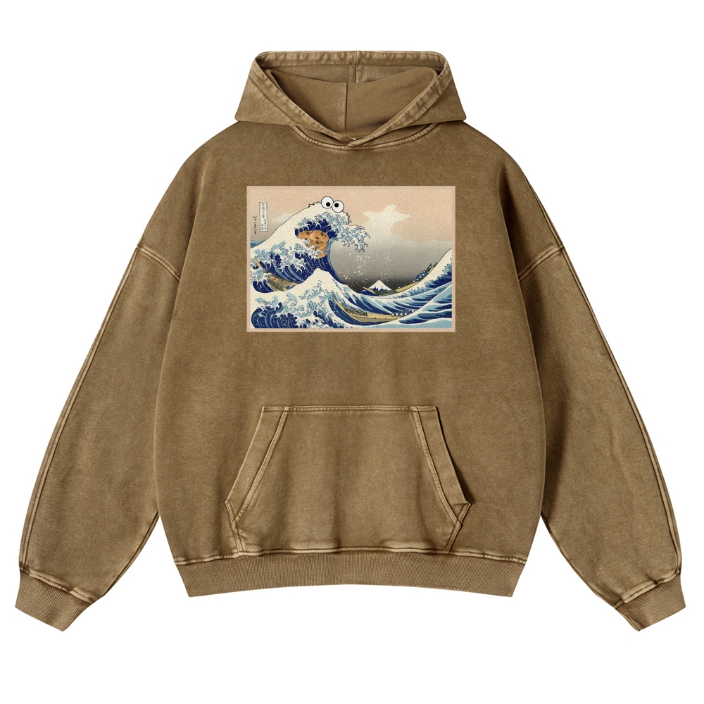 Cookie Wave Ukiyoe Printing Vintage Washed Hoodie-moweekender