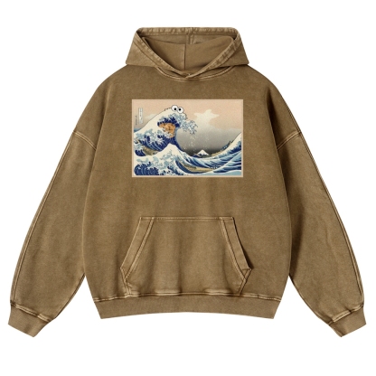 Cookie Wave Ukiyoe Printing Vintage Washed Hoodie-moweekender