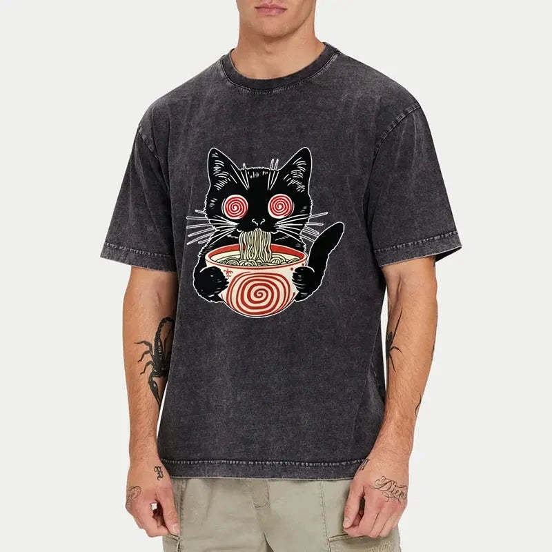 Confused Cat Eating Ramen Washed Vintage T-Shirt-moweekender