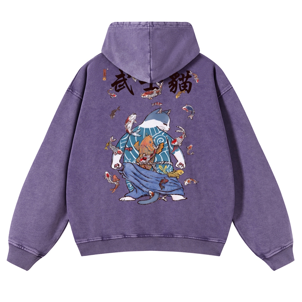 Fish Rain Tattooed Cat Vintage Washed Hoodie-moweekender