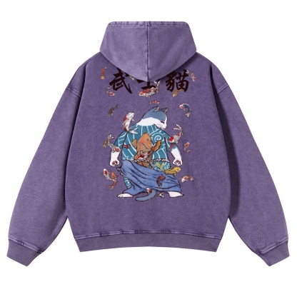 Fish Rain Tattooed Cat Vintage Washed Hoodie-moweekender