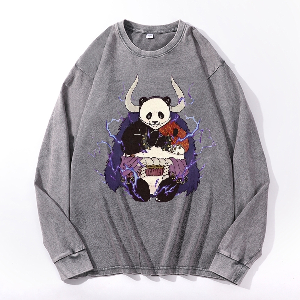 Panda Demon Pattern Deep Washed Vintage Long Sleeves T-Shirt-moweekender