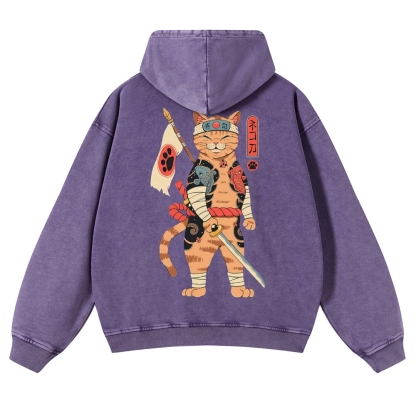 Sushi Warrior Cat Casual Vintage Washed Hoodie-moweekender