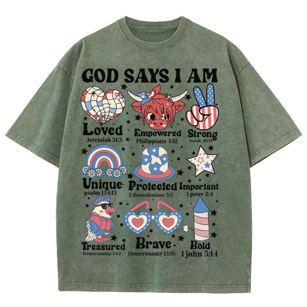 God Says I Am Vintage Snowflake Washed T-Shirt-moweekender