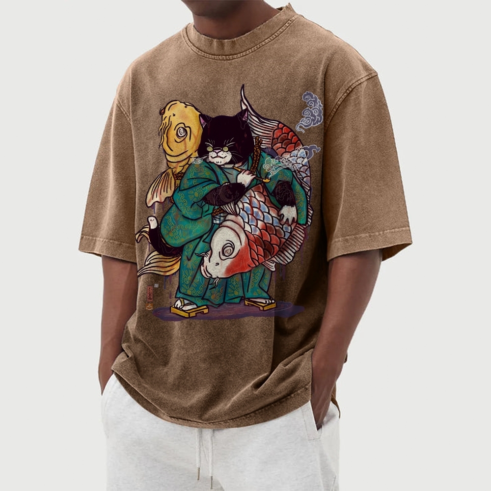 Big Fish Cat Ukiyoe Washed Vintage Short Sleeves T-Shirt-moweekender